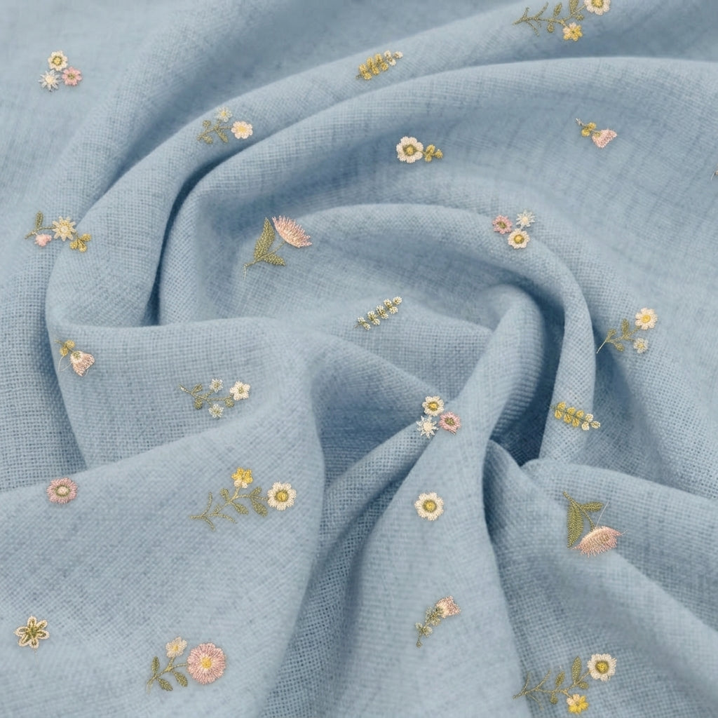Swirled Embroidery Blue Embroidery Chanderi Cotton Fabric