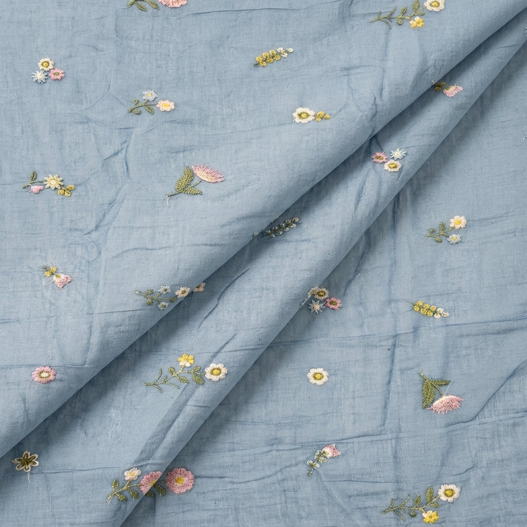 Folded Embroidery Blue Embroidery Chanderi Cotton Fabric