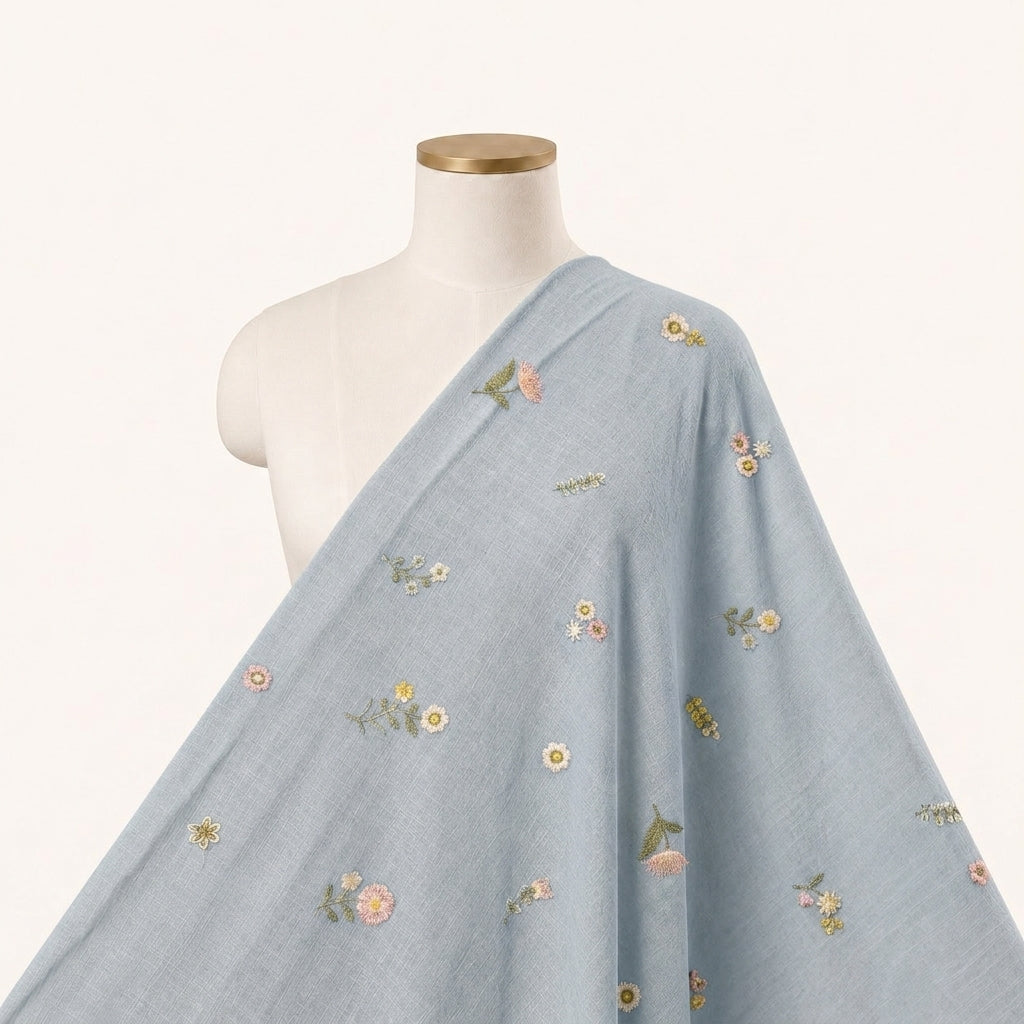Embroidery Blue Embroidery Chanderi Cotton Fabric Draped as a saree