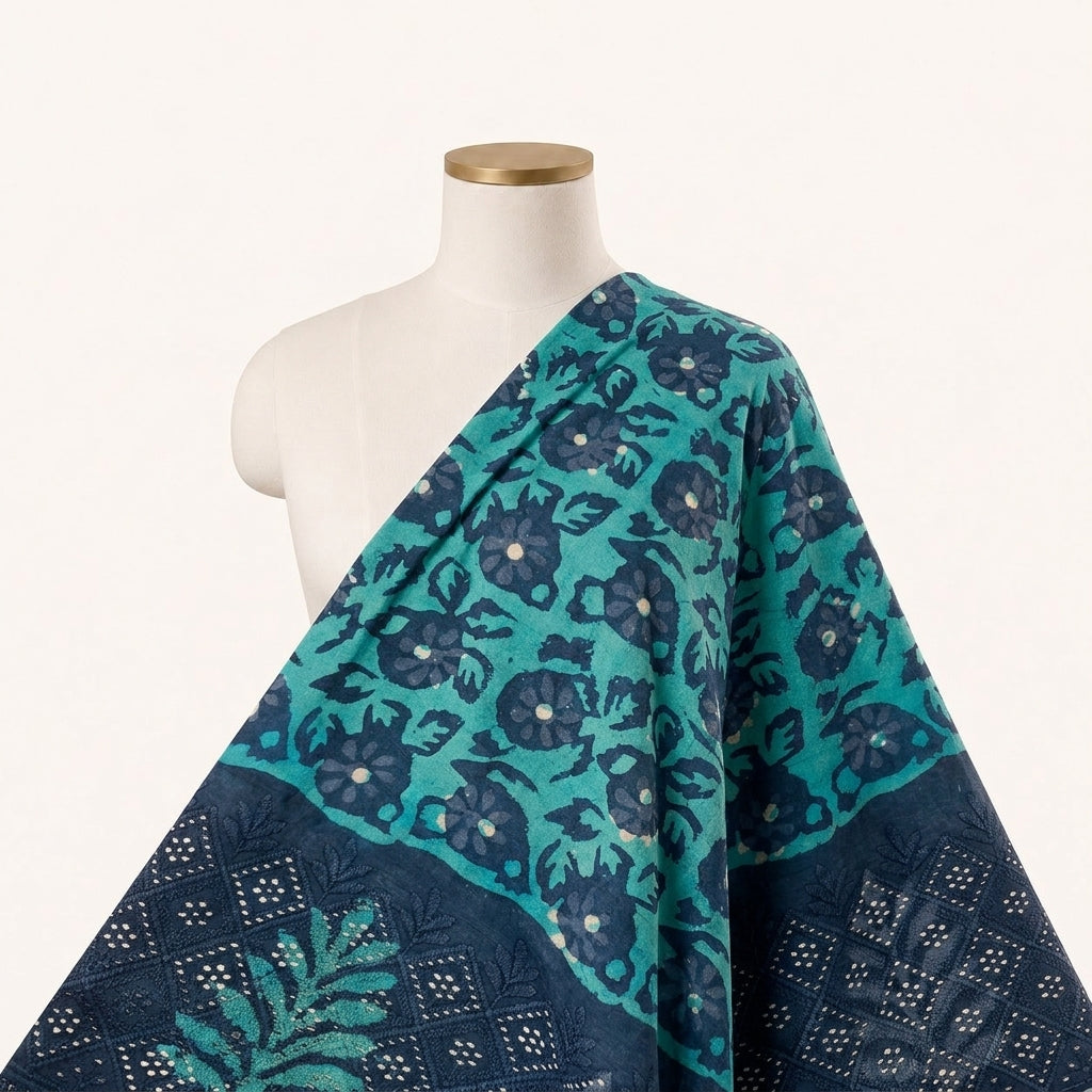 Batik Sea Blue Batik Cotton Fabric Draped as a saree