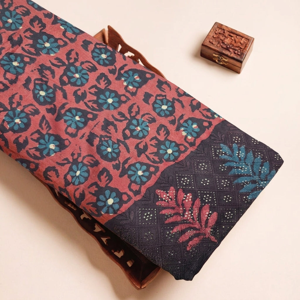 Batik Pink Batik Cotton Fabric on a wooden tray