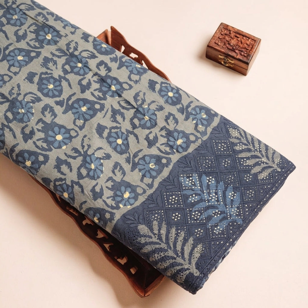 Batik Indigo Batik Cotton Fabric on a wooden tray