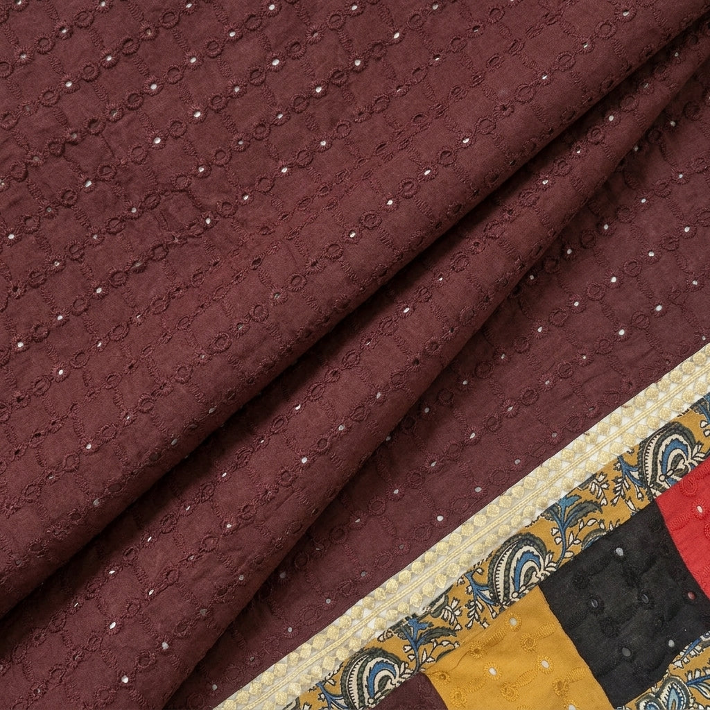 Folded Cutwork Maroon Cutwork Cotton Fabric