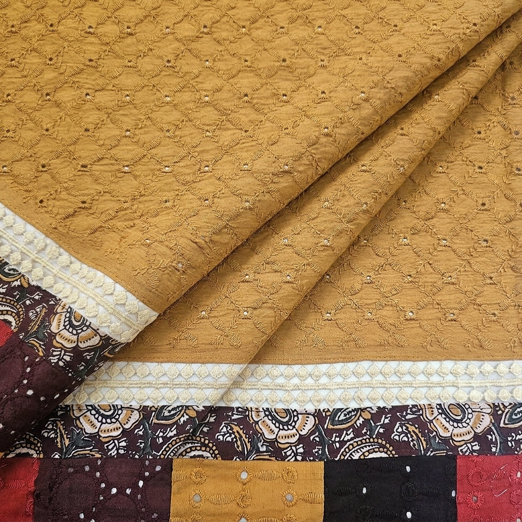 Folded Cutwork Mustard Yellow Cutwork Cotton Fabric