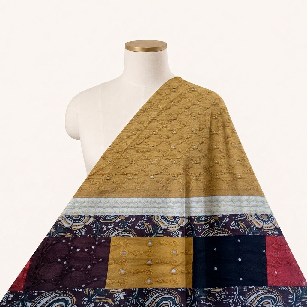 Cutwork Mustard Yellow Cutwork Cotton Fabric Draped as a saree