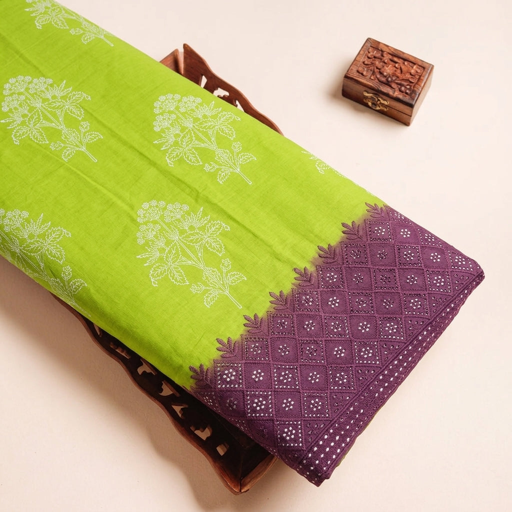 Floral Green Floral Cotton Fabric on a wooden tray