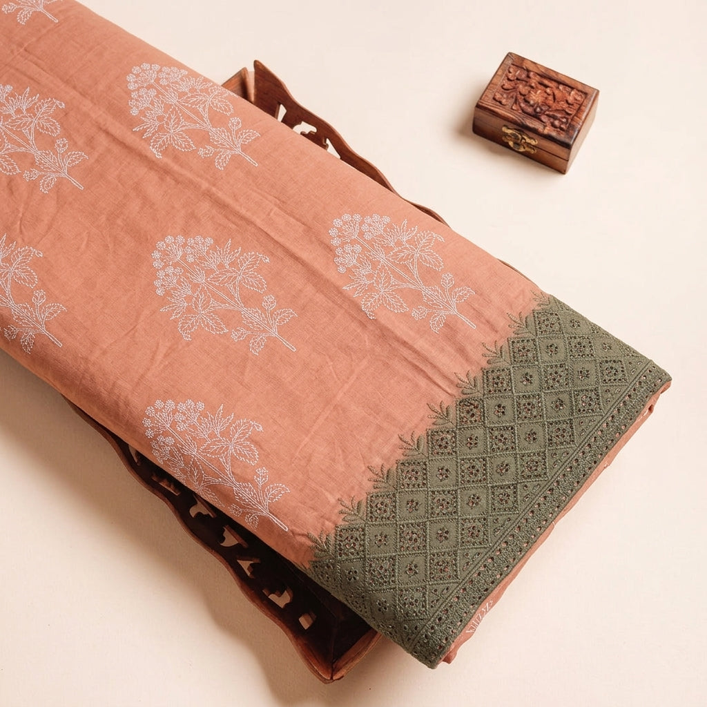 Floral Peach Floral Cotton Fabric on a wooden tray