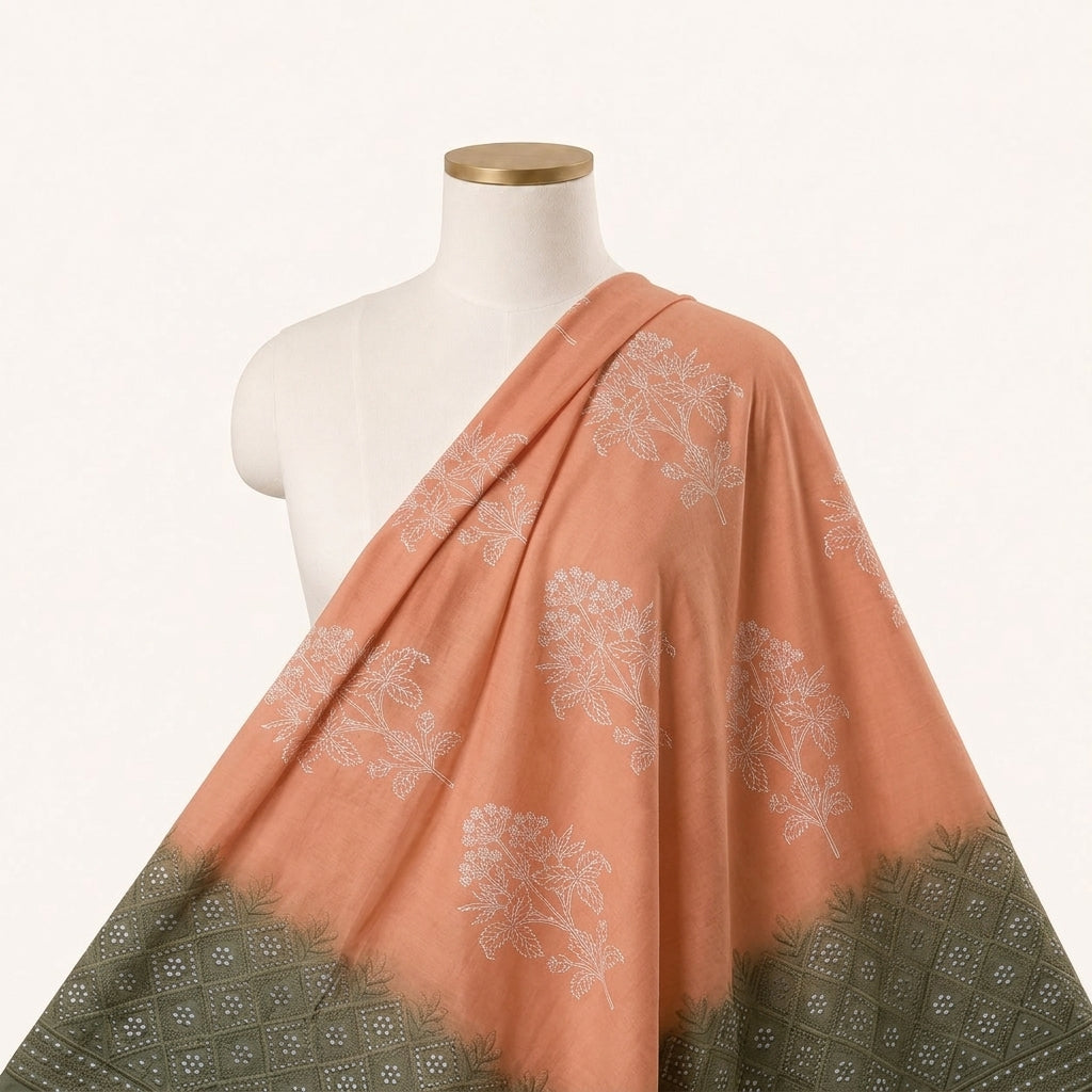 Floral Peach Floral Cotton Fabric Draped as a saree