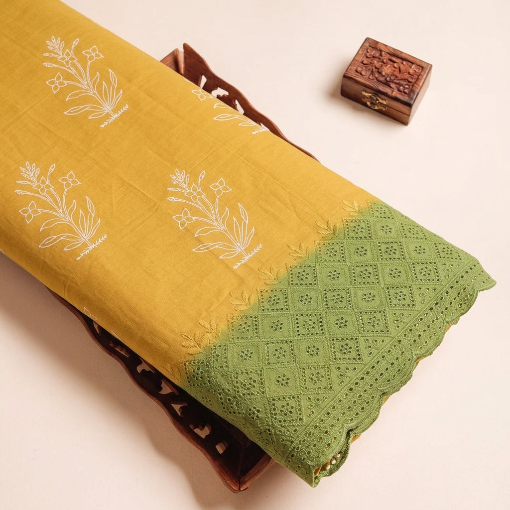 Floral Yellow Floral Cotton Fabric on a wooden tray