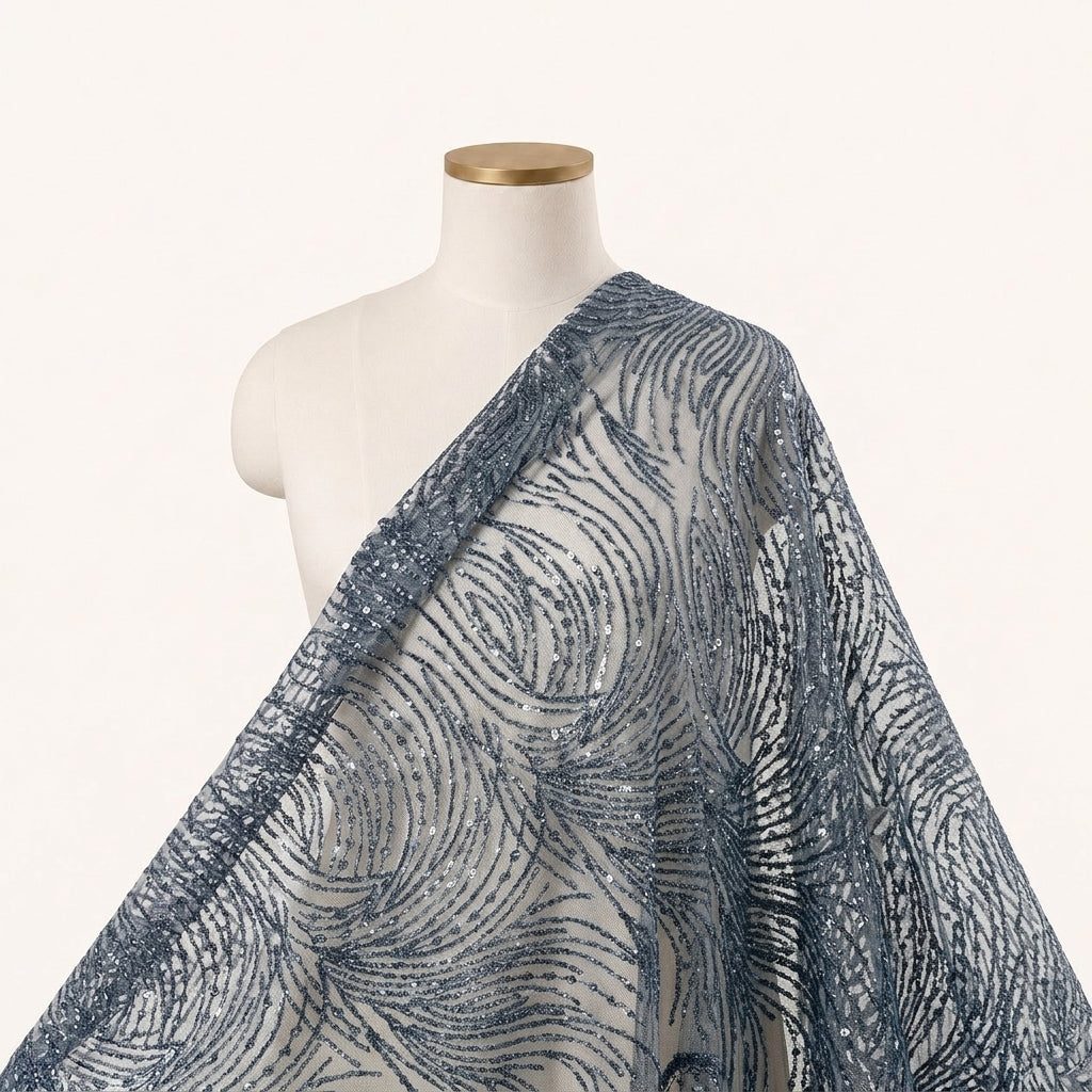 Abstract Blue Abstract Net Fabric Draped as a saree