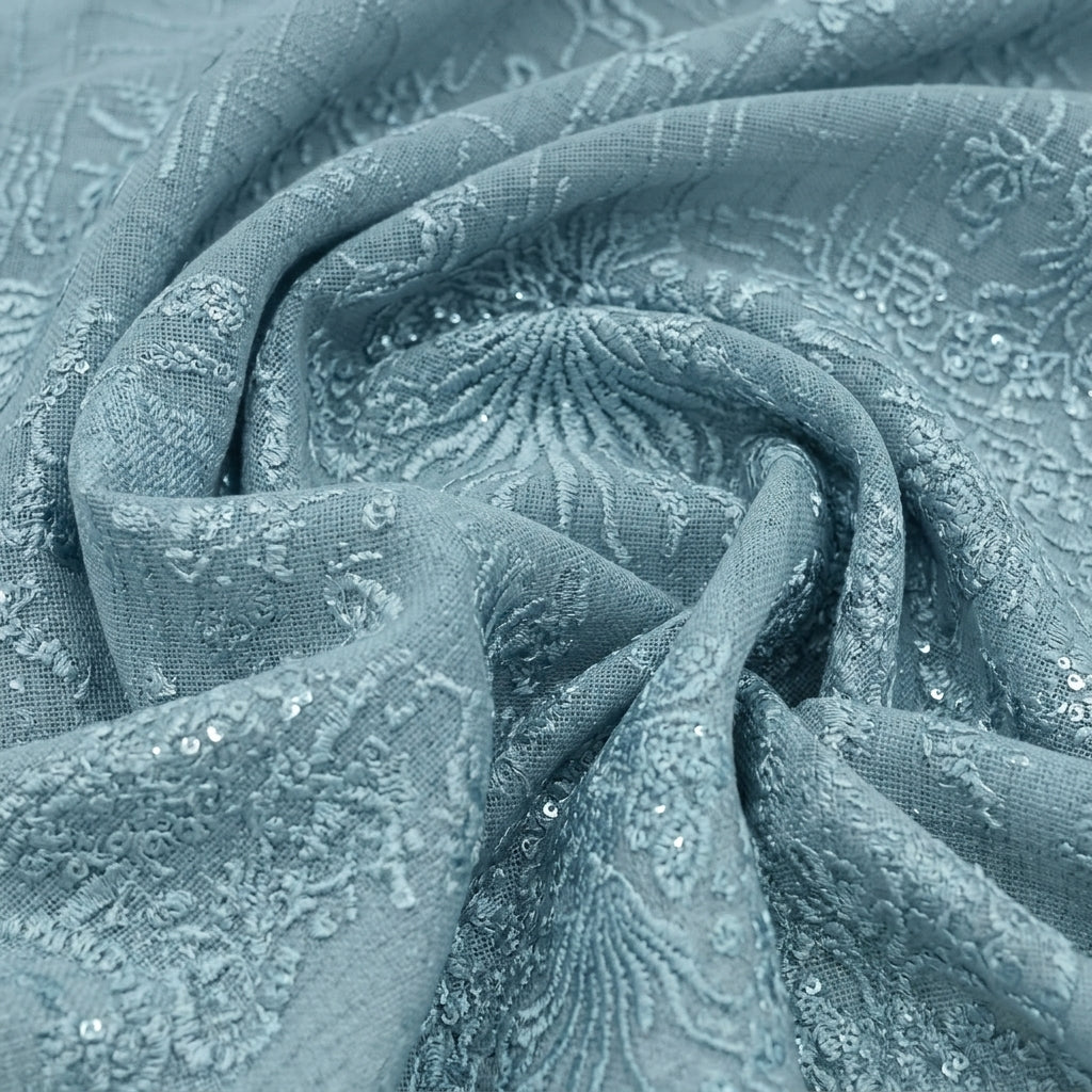Swirled Embroidery Light Blue Embroidery Net Fabric