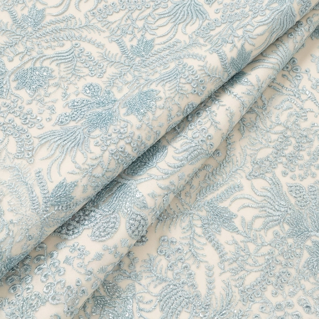 Folded Embroidery Light Blue Embroidery Net Fabric