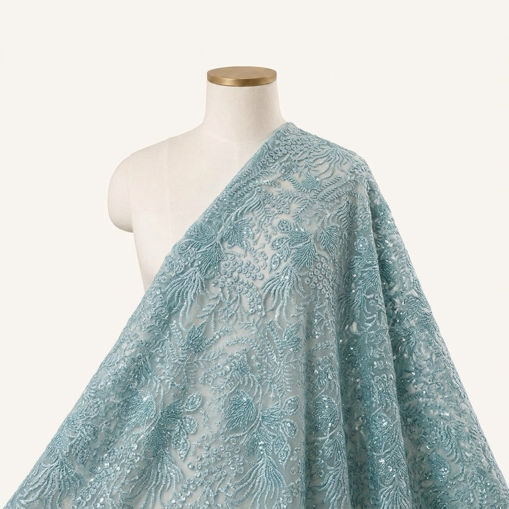 Embroidery Light Blue Embroidery Net Fabric Draped as a saree