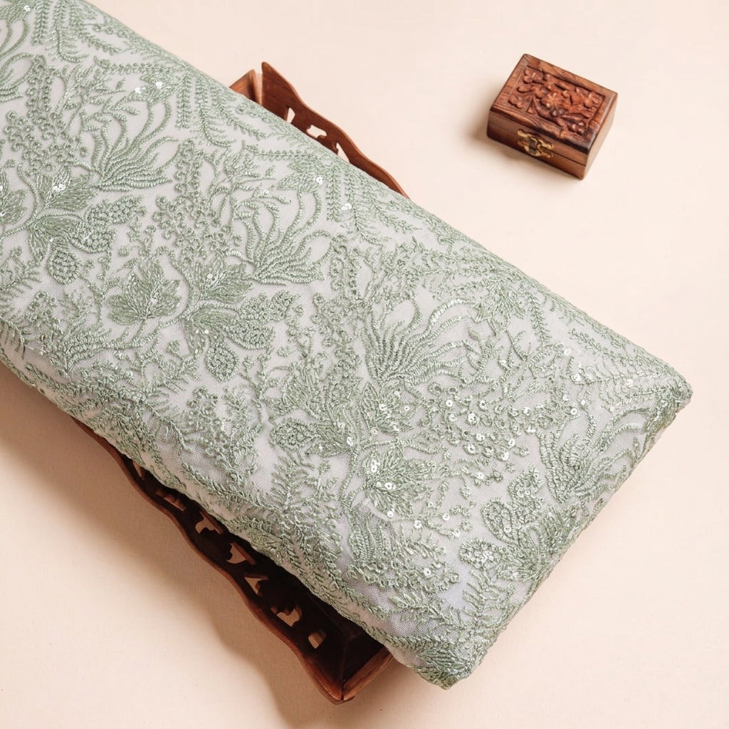Floral Green Floral Net Fabric on a wooden tray