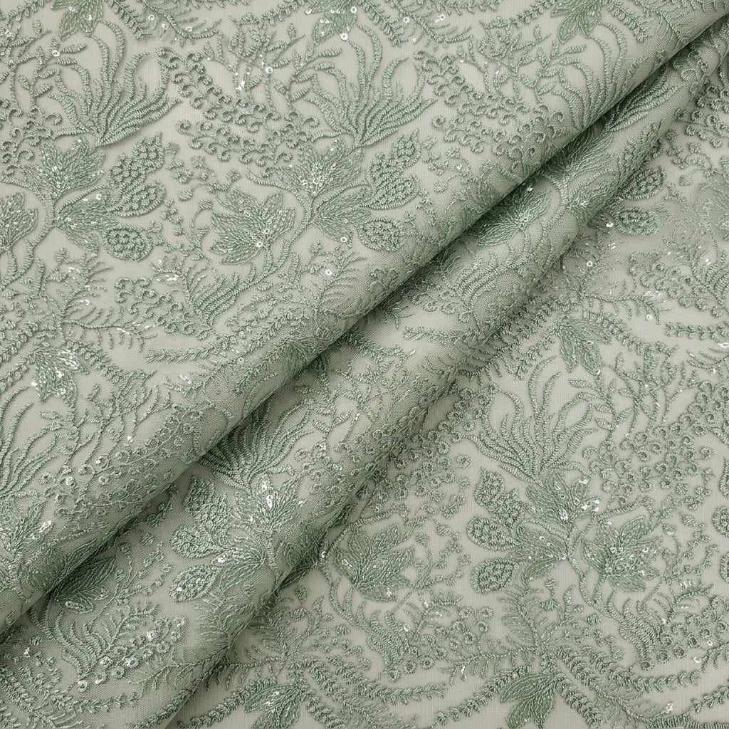 Folded Floral Green Floral Net Fabric