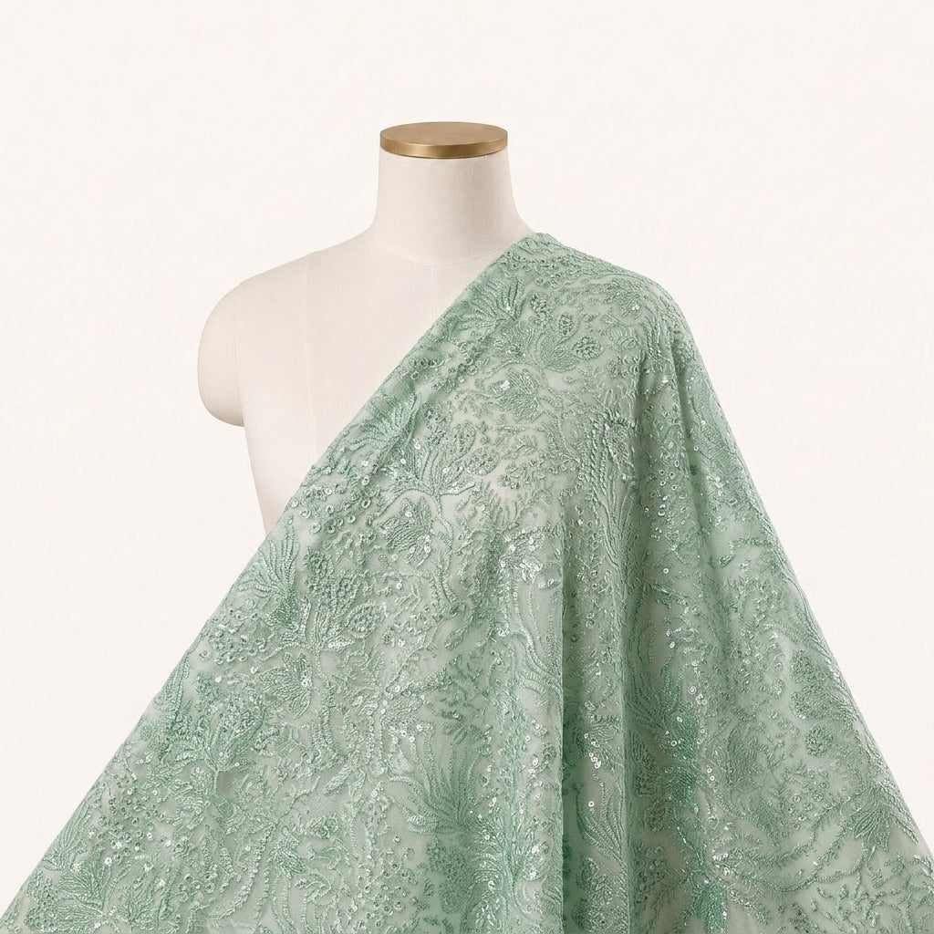 Floral Green Floral Net Fabric Draped as a saree