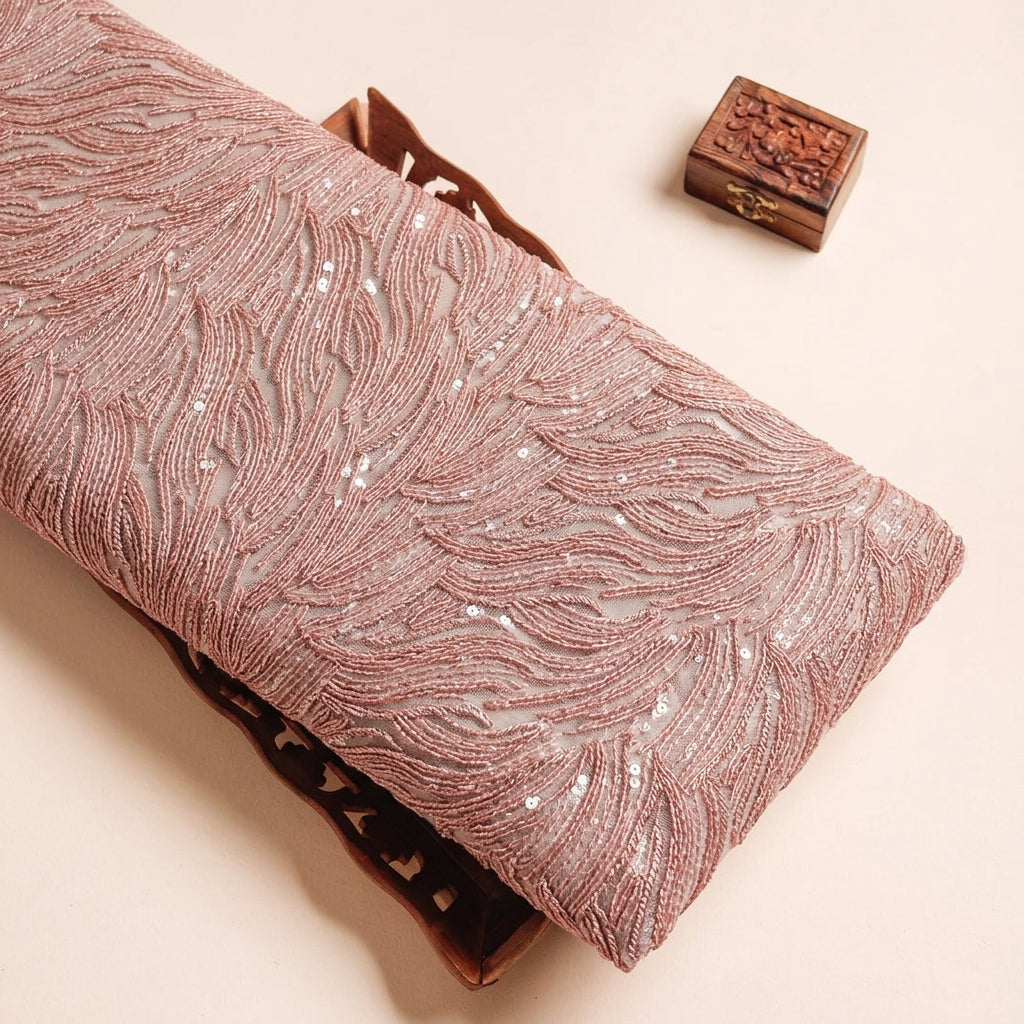 Abstract Onion Pink Abstract Net Fabric on a wooden tray