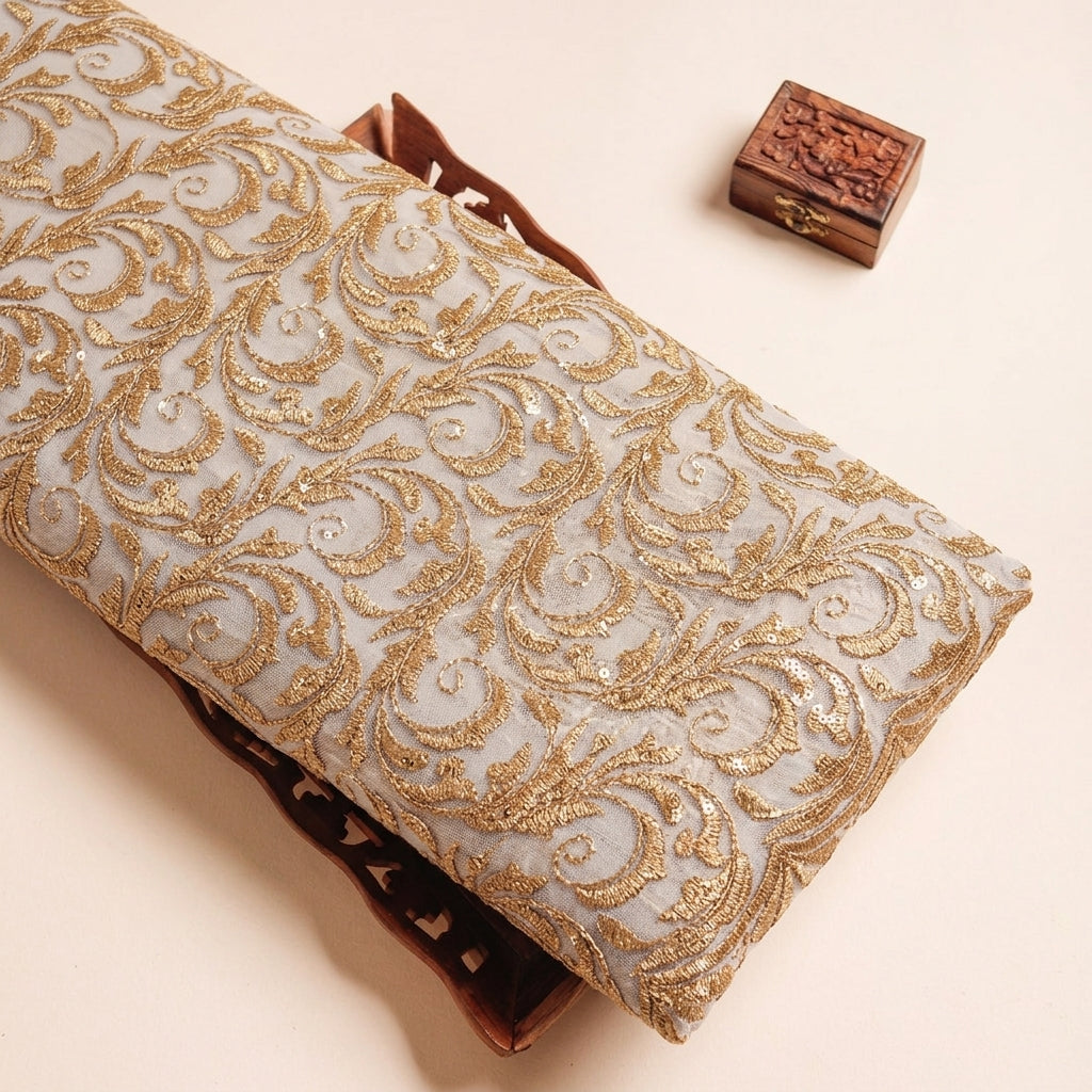 Abstract Gold Abstract Net Fabric on a wooden tray