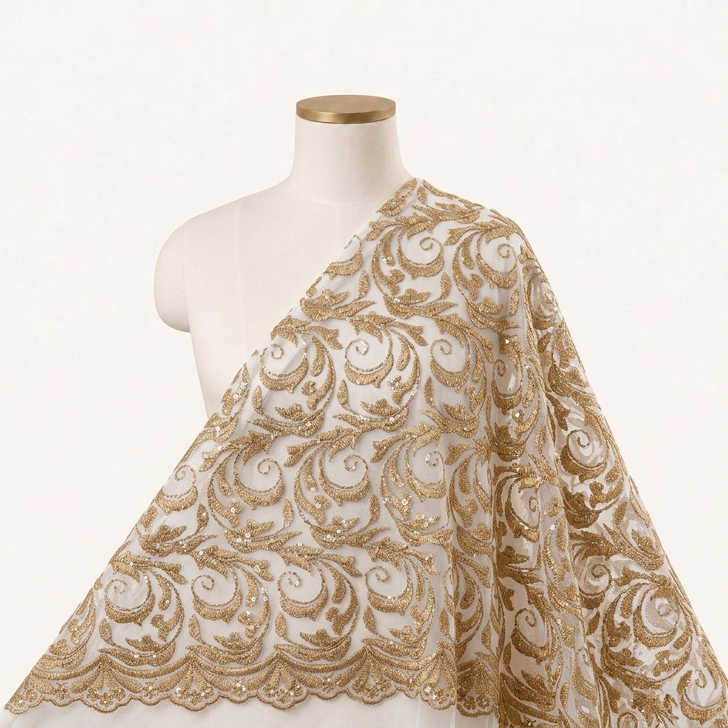 Abstract Gold Abstract Net Fabric Draped as a saree