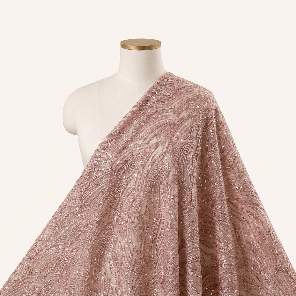 Abstract Onion Pink Abstract Net Fabric Draped as a saree