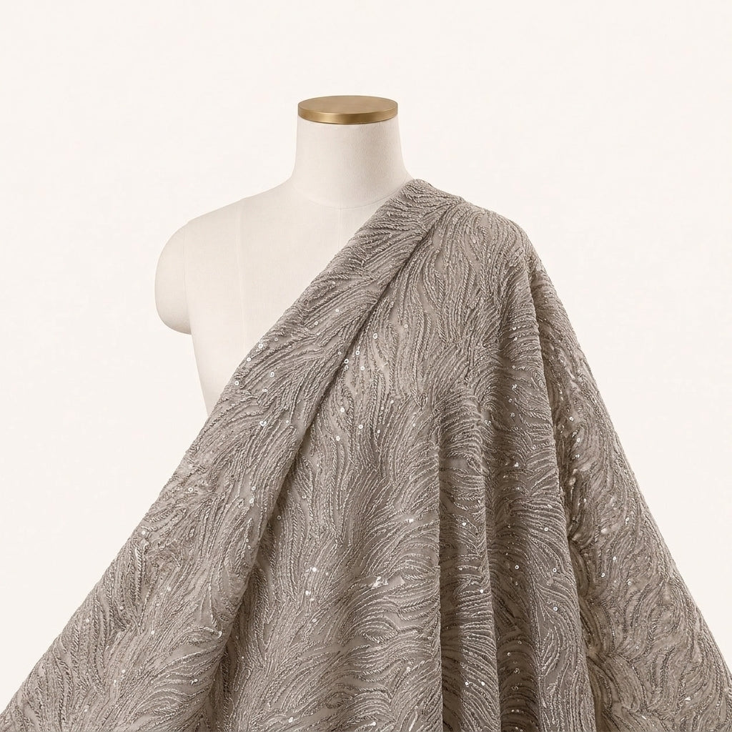 Abstract Grey Abstract Net Fabric Draped as a saree
