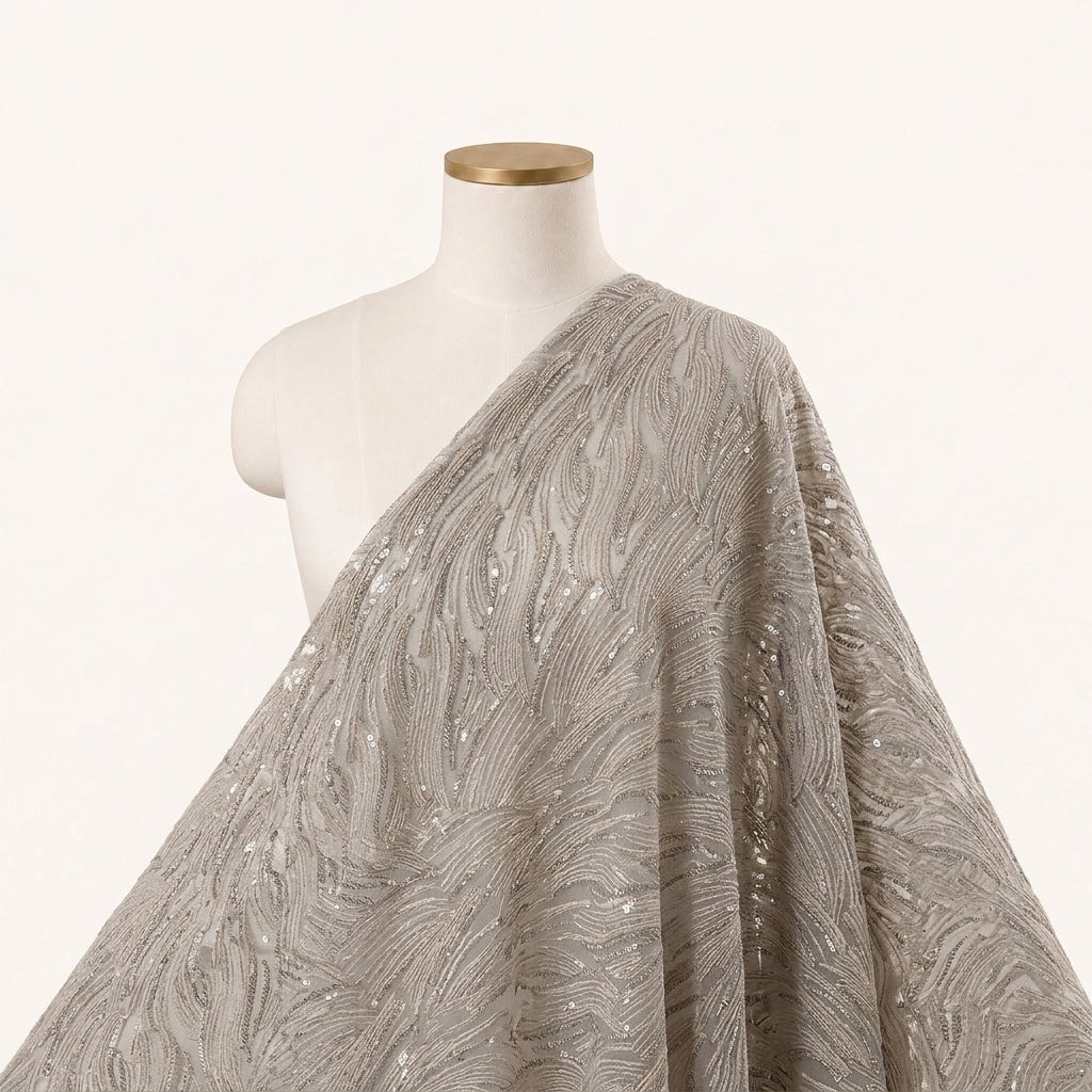 Abstract Beige Abstract Net Fabric Draped as a saree