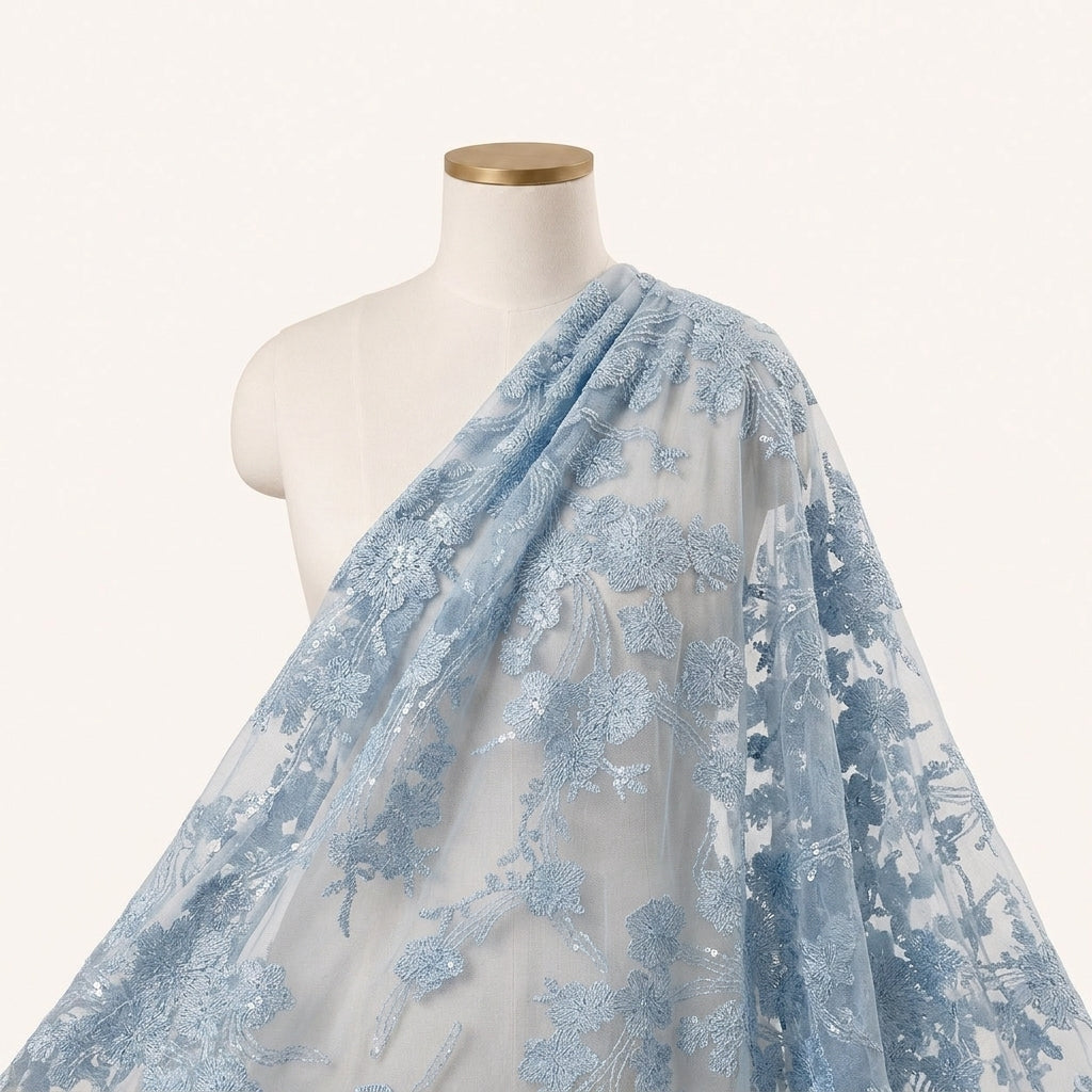 Floral Blue Floral Net Fabric Draped as a saree