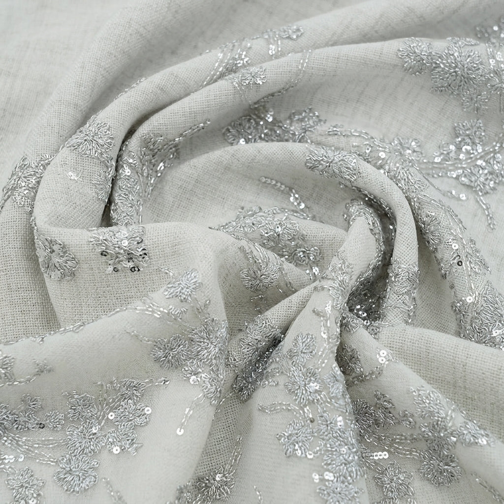 Swirled Floral Grey Floral Net Fabric