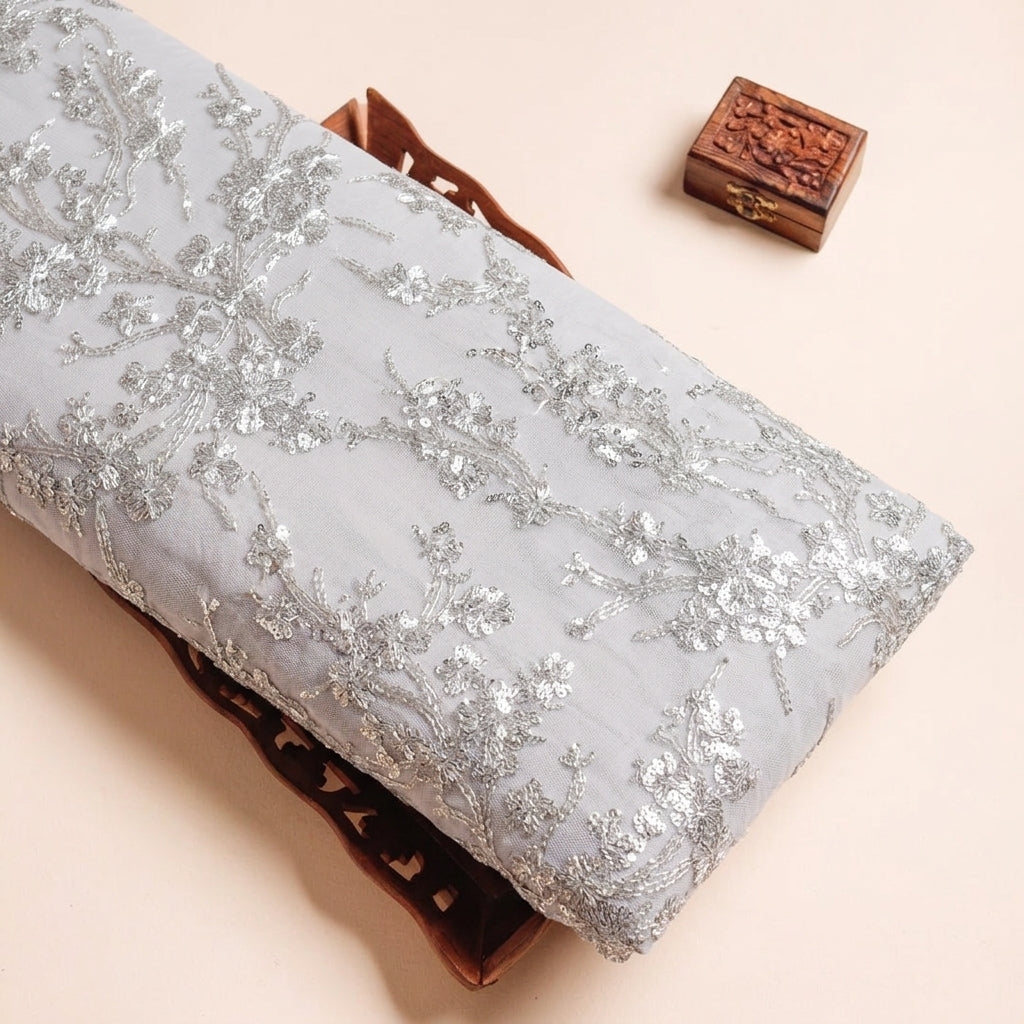Floral Grey Floral Net Fabric on a wooden tray