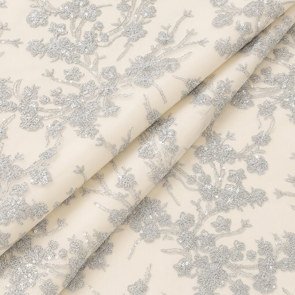 Folded Floral Grey Floral Net Fabric