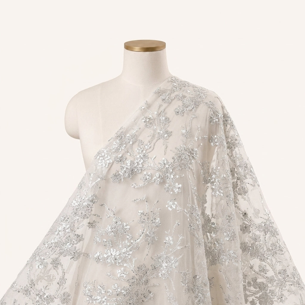 Floral Grey Floral Net Fabric Draped as a saree