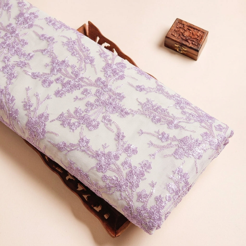 Floral Violet Floral Net Fabric on a wooden tray