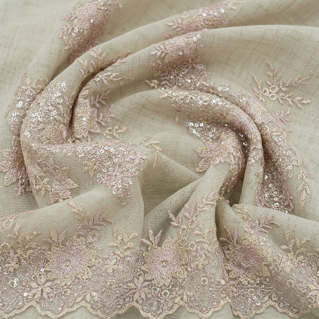 Swirled Floral Rose Gold Floral Net Fabric