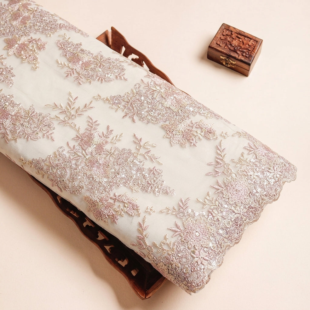 Floral Rose Gold Floral Net Fabric on a wooden tray