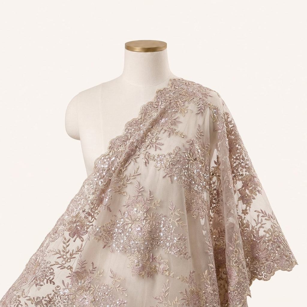 Floral Rose Gold Floral Net Fabric Draped as a saree