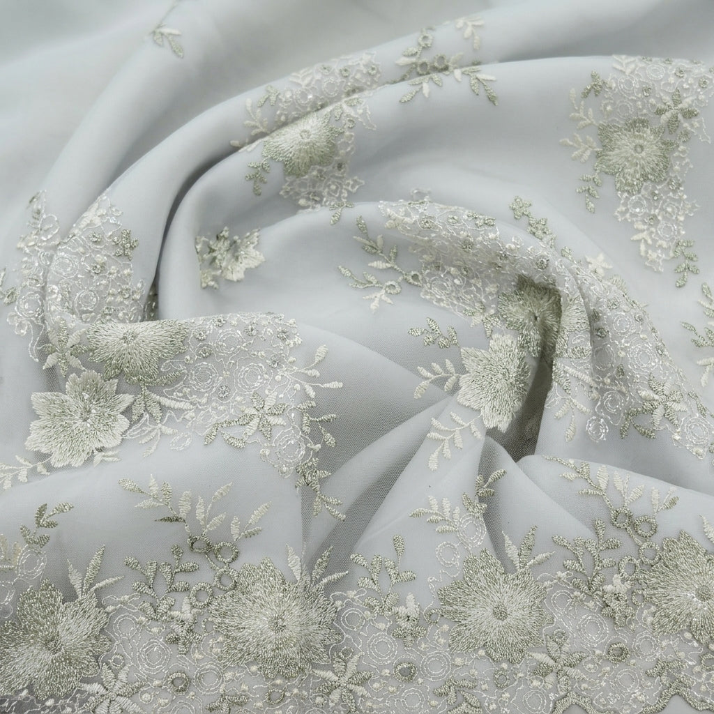 Swirled Floral Light Green Floral Net Fabric