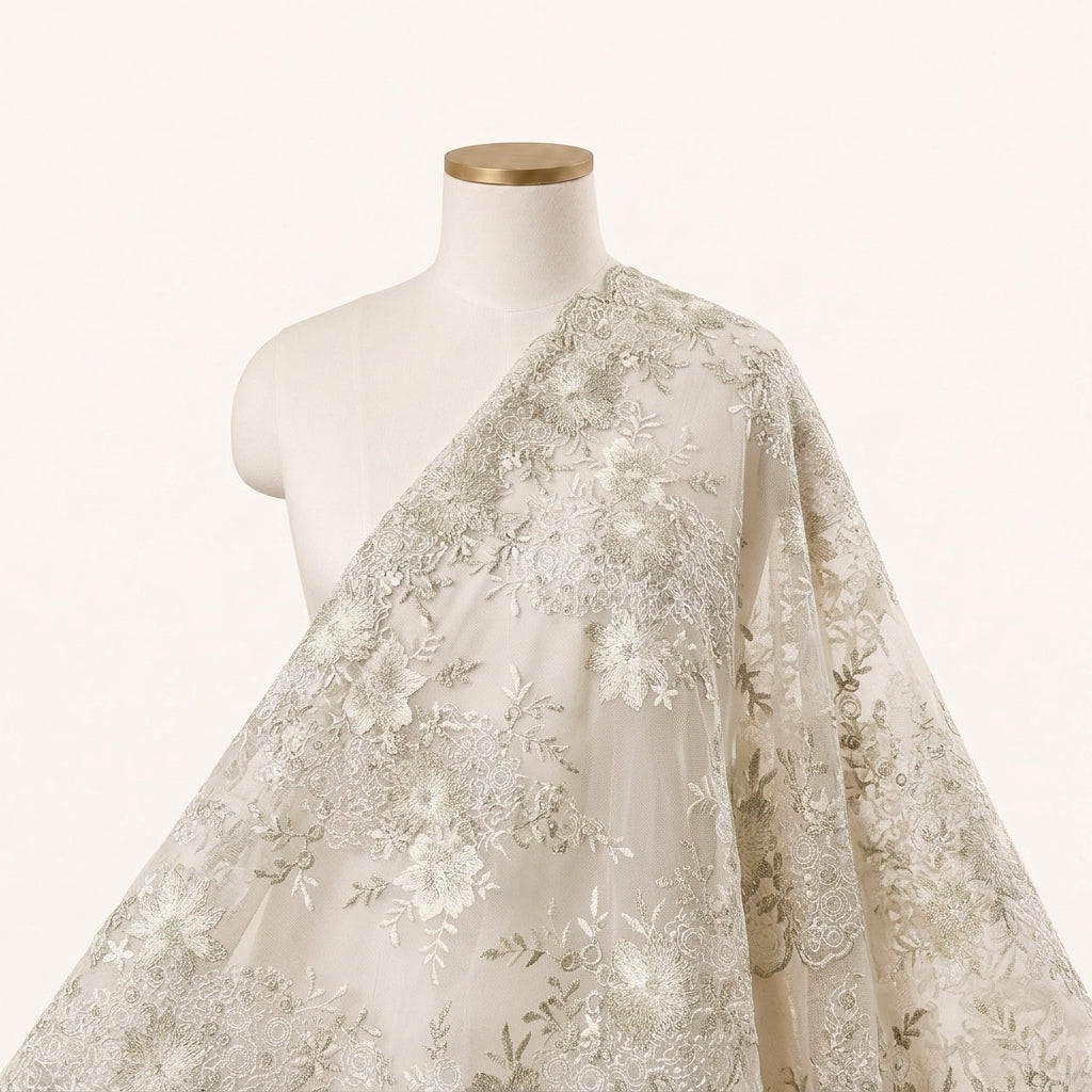 Floral Light Green Floral Net Fabric Draped as a saree