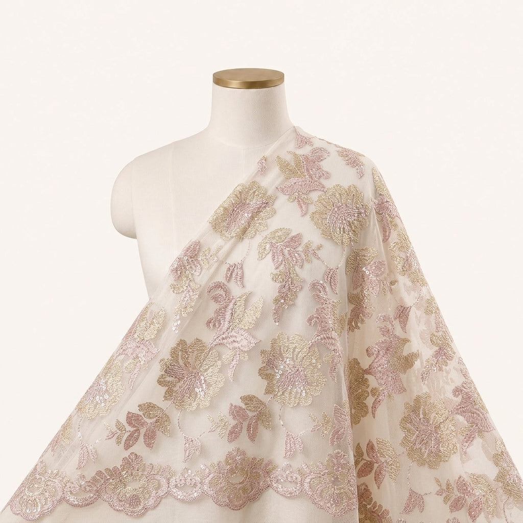 Rose Gold Floral Net Fabric - EB12884