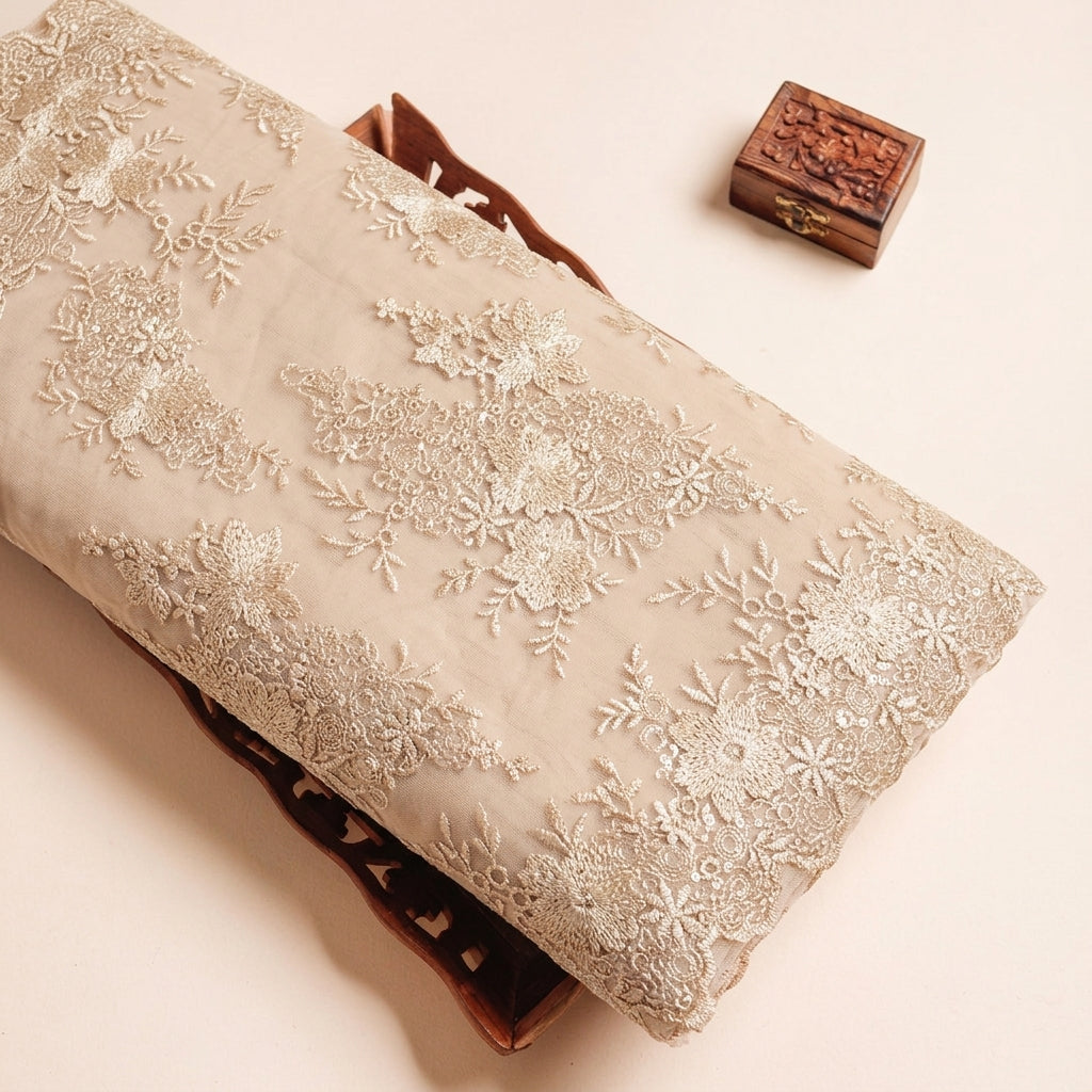 Floral Cream Floral Net Fabric on a wooden tray