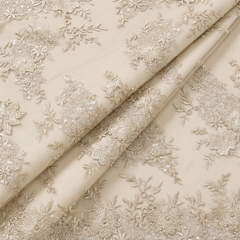 Folded Floral Cream Floral Net Fabric