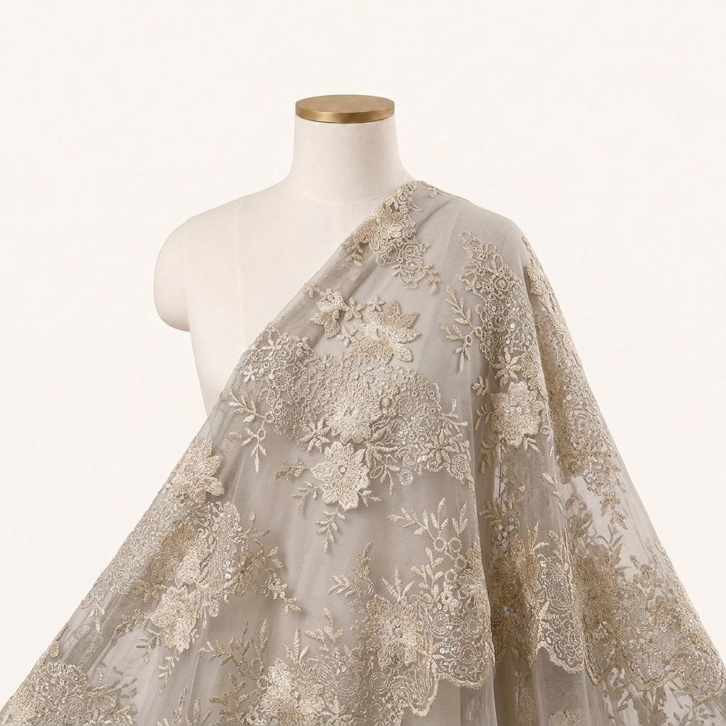 Floral Cream Floral Net Fabric Draped as a saree