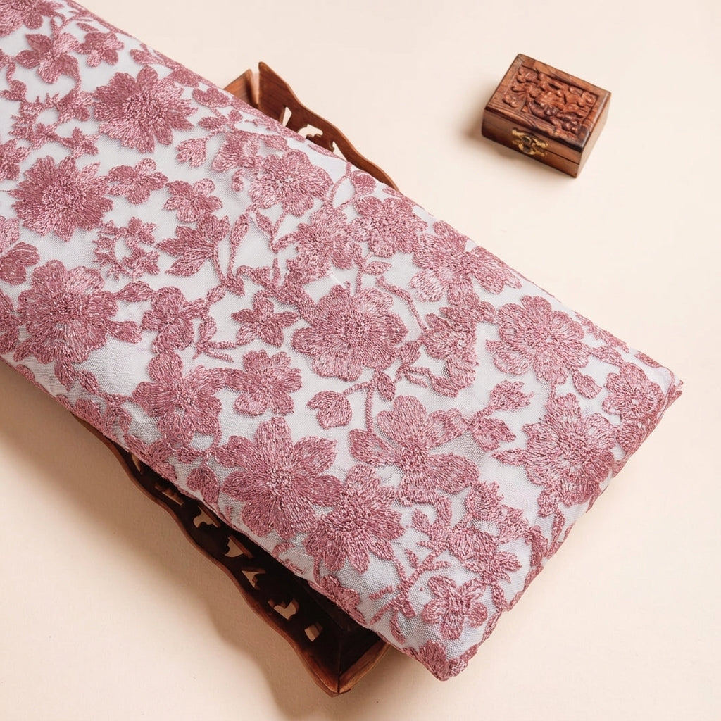Floral Onion Pink Floral Net Fabric on a wooden tray