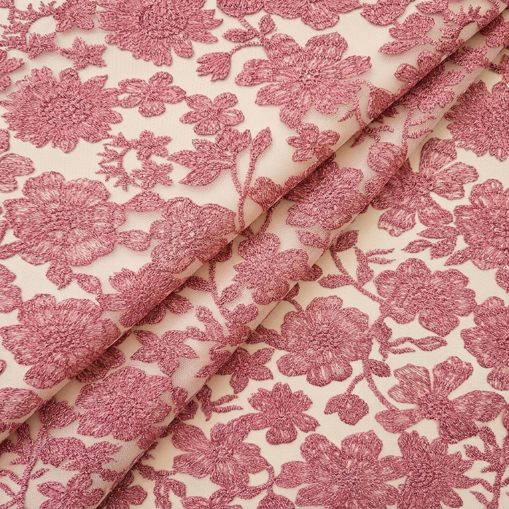 Folded Floral Onion Pink Floral Net Fabric