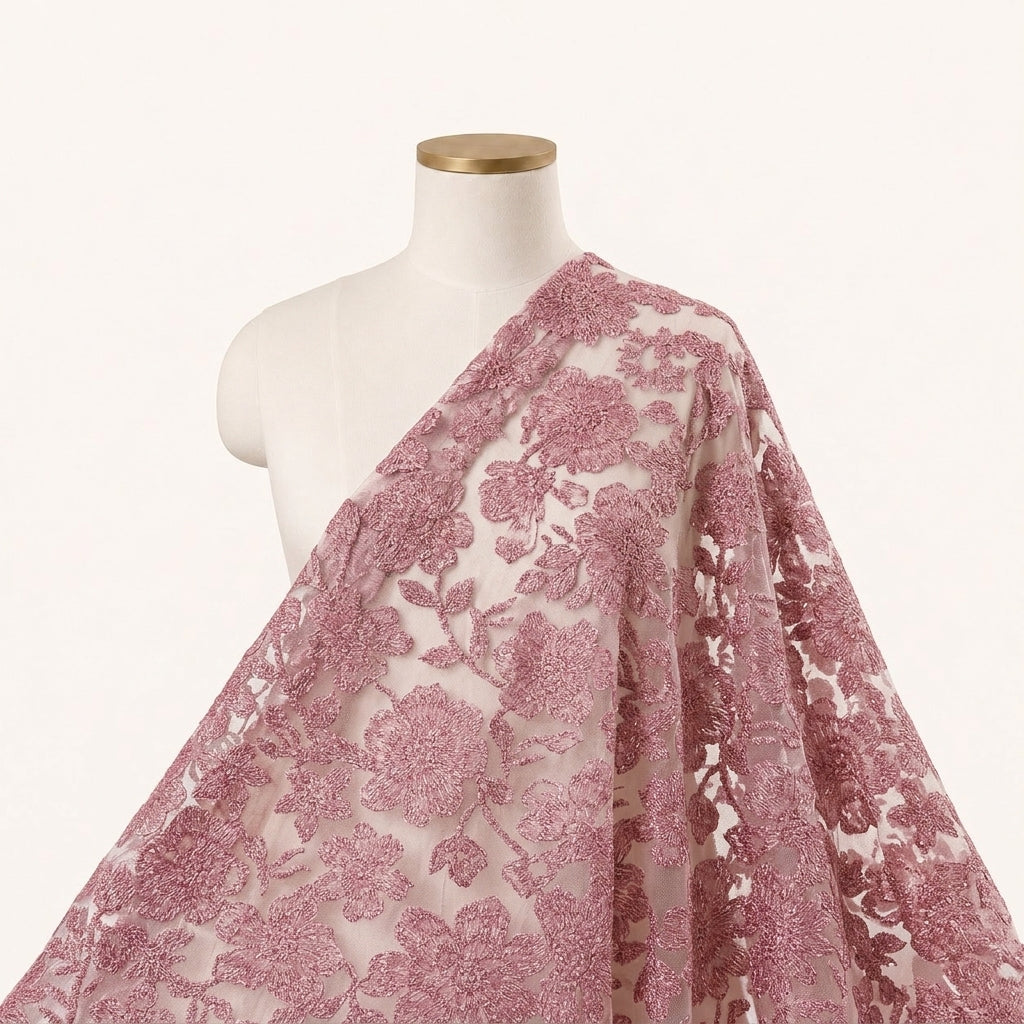 Floral Onion Pink Floral Net Fabric Draped as a saree