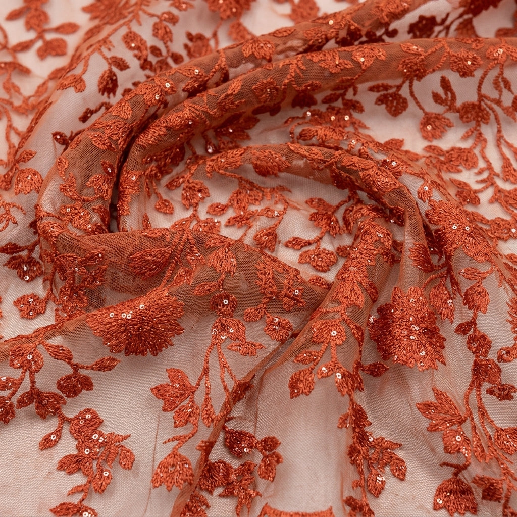 Swirled Floral Red Floral Net Fabric