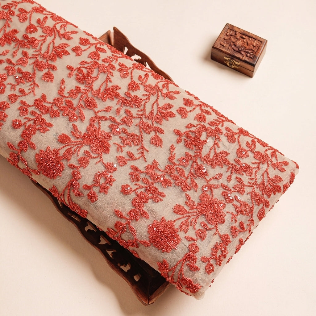 Floral Red Floral Net Fabric on a wooden tray
