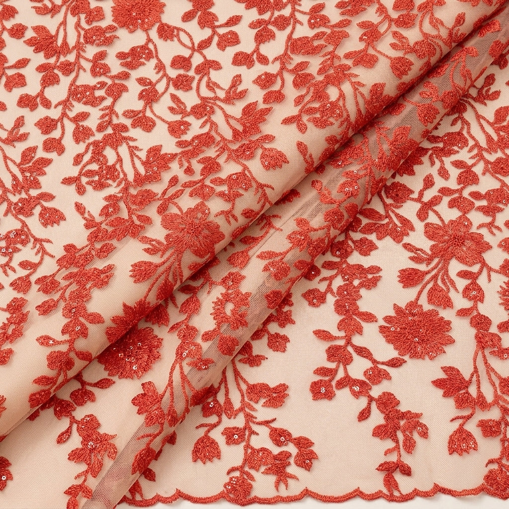 Folded Floral Red Floral Net Fabric