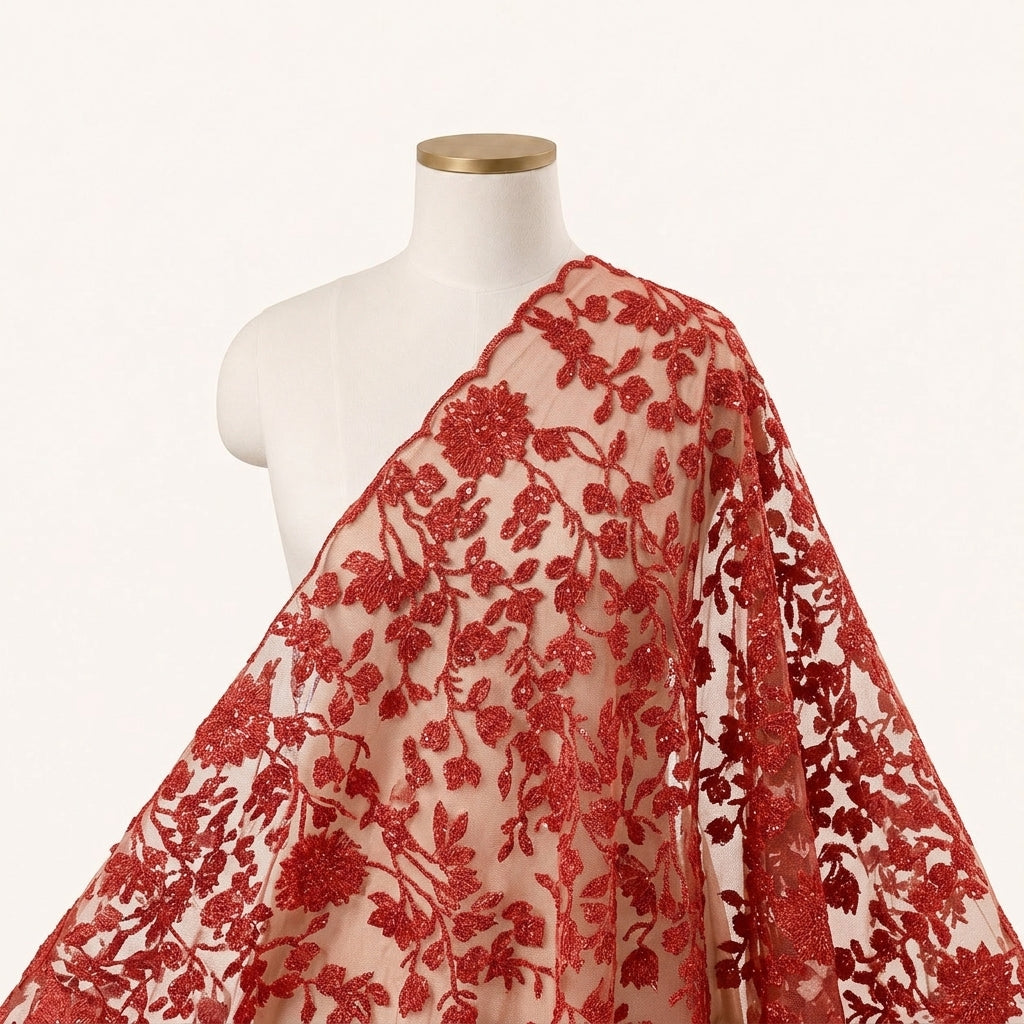 Floral Red Floral Net Fabric Draped as a saree