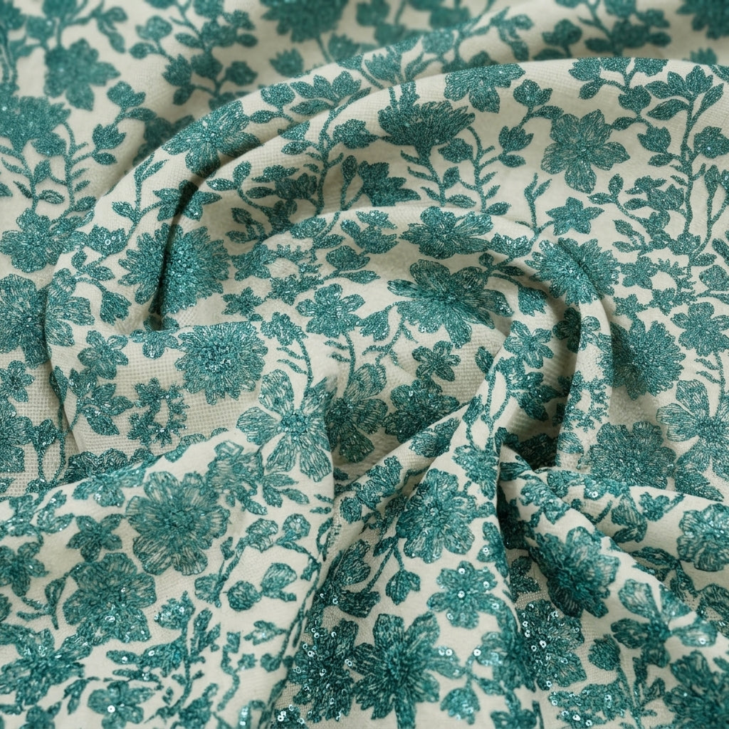 Swirled Floral Green Floral Net Fabric