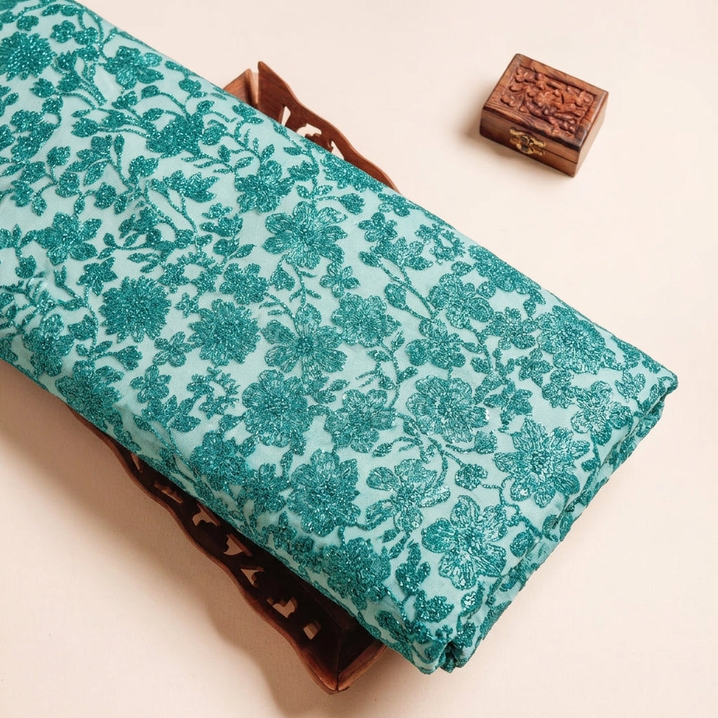 Floral Green Floral Net Fabric on a wooden tray